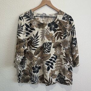 Hot‎ Cotton Womens 1x Nature Botanical Linen Boho Artsy Blouse Quarter Sleeve